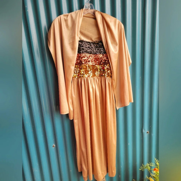 Vintage Charm Fashions 70s Tan tube top Sequin Dress Spaghetti  Straps size 8 - Picture 1 of 10
